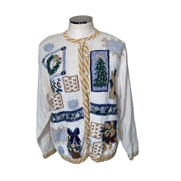Cascade Blues Vintage Button Front Ugly Christmas Sweater w/fabric buttons SZ L - Picture 1 of 7